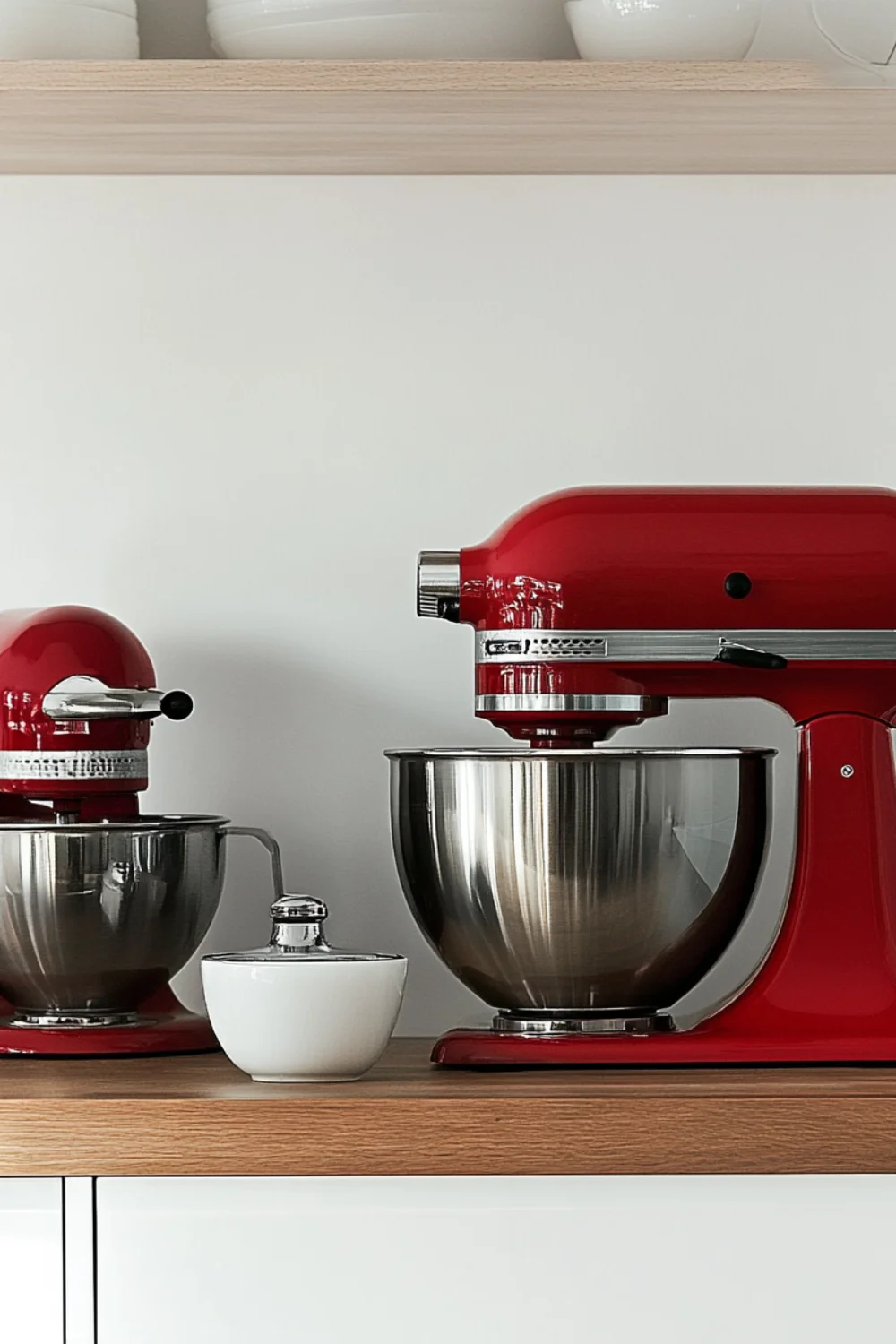 Two red stand mixers with stainless steel bowls on a wooden countertop, with white ceramic bowls on a shelf above.