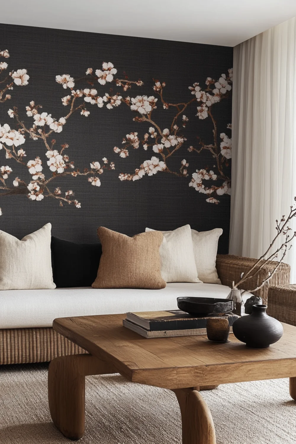 Modern living room with a dark floral accent wall, neutral-toned sofa with textured pillows, and a rustic wooden coffee table with decorative ceramics.